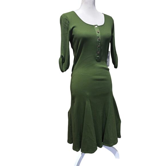 Ladies Medium Ralph Lauren olive green rib jersey dress button roll-tab sleeve - Picture 5 of 13